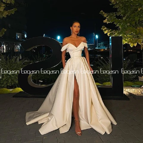 Женское атласное платье-трапеция Eeqasn, длинное вечернее платье с открытыми плечами, V-образным вырезом и высоким разрезом, официальное элегантное платье для торжества, 2024
