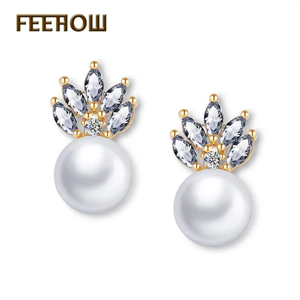Gold Color 3 FEEHOW модные свадебные Букле д 'ореиль ювелирные изделия элегантные циркониевые кристаллы цветок жемчужные серьги для женщин подружки невесты подарок FWEP075 - Окраска металла: Gold Color 3