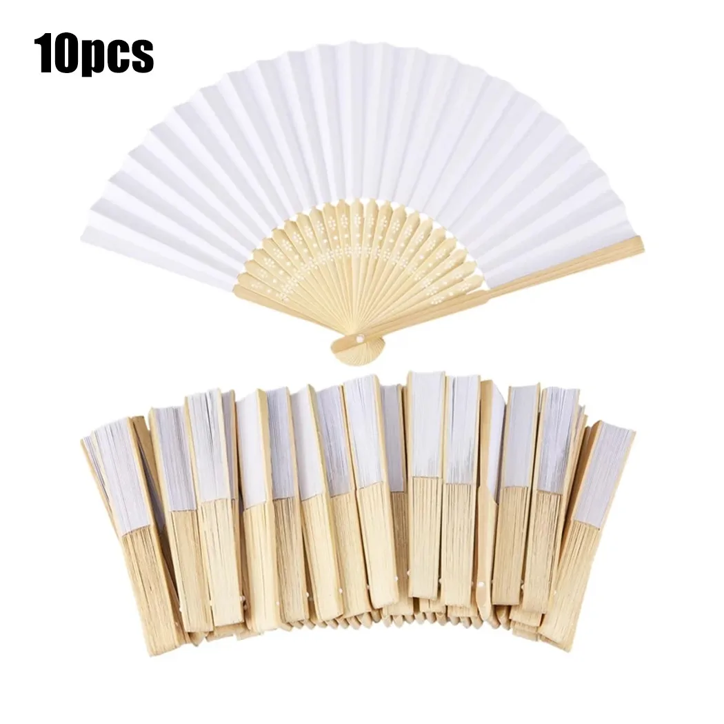 

10X White Hand Held Fan Folding Bamboo Paper Wooden Wedding Events Decor 100% Brand New And High Quality