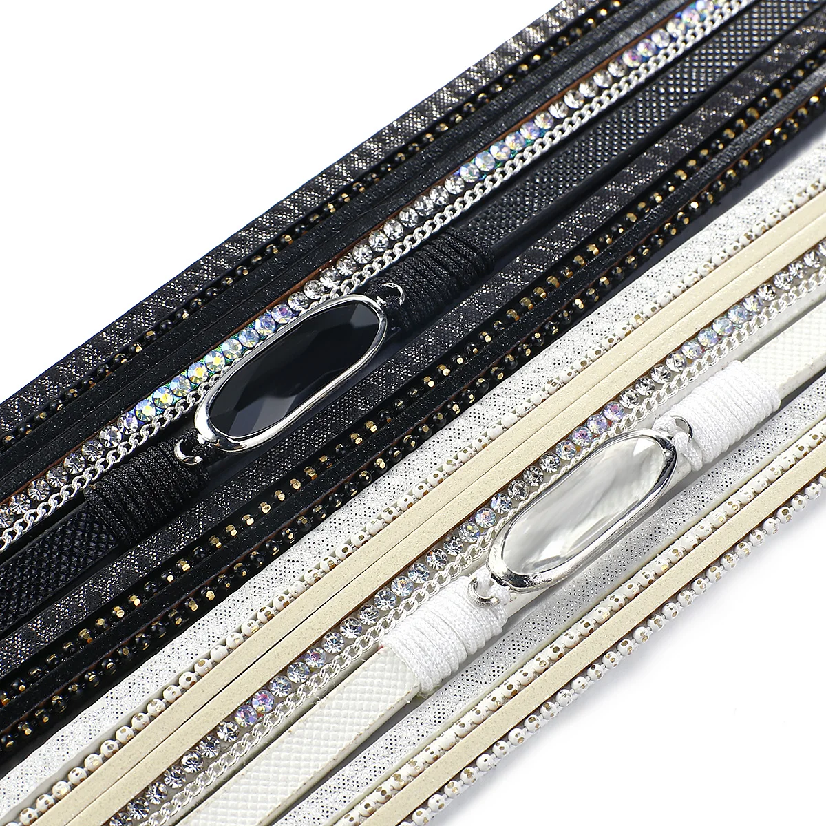 

ALLYES Vintage Multilayer Black Leather Bracelet Unisex Fashion Rhinestone Resin Bangle Party Jewelry Simple Statement Jewelry