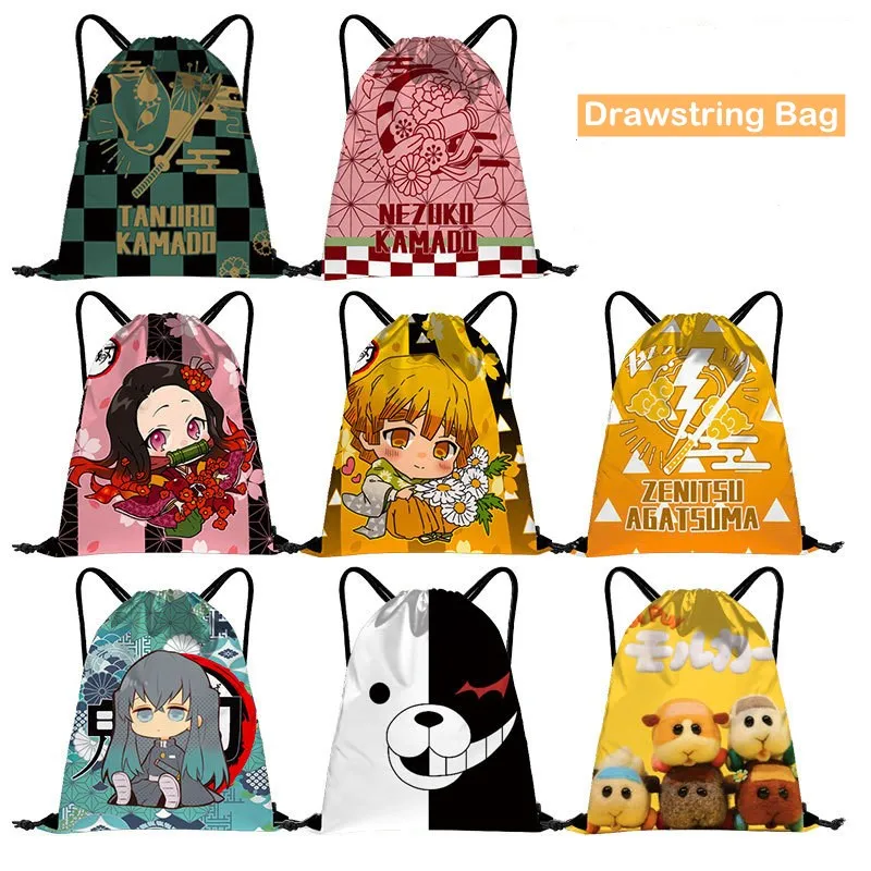 Demon Slayer Theme Motif Drawstring Canvas Bag Black Gym Movement Backpack | Anime Backpacks Wallets &amp Luggage