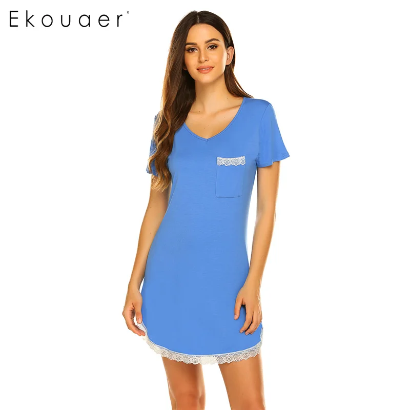blue Ekouaer, летняя Ночная сорочка, ночная рубашка с круглым вырезом и коротким рукавом, кружевная ночная рубашка, мягкая домашняя одежда для сна, ночная рубашка - Цвет: blue