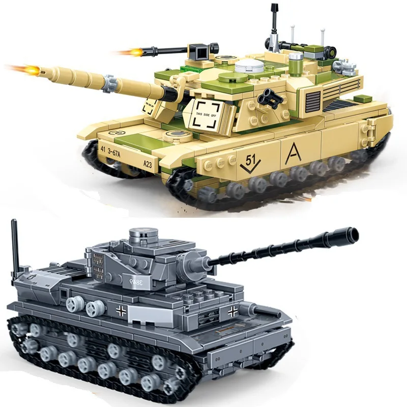 Military WW2 M1A2 US Main Battle Germany Tiger Tank Model Building Blocks 99A MBT Weapons With Figures Bricks MOC Toys Kids Gift