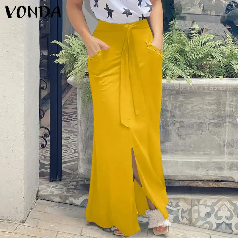 

Long Skirts 2021 VONDA Women Autumn Party Long Skirt Faldas De Mujer High Waist Front Slit Solid Skirts Oversized Sundress
