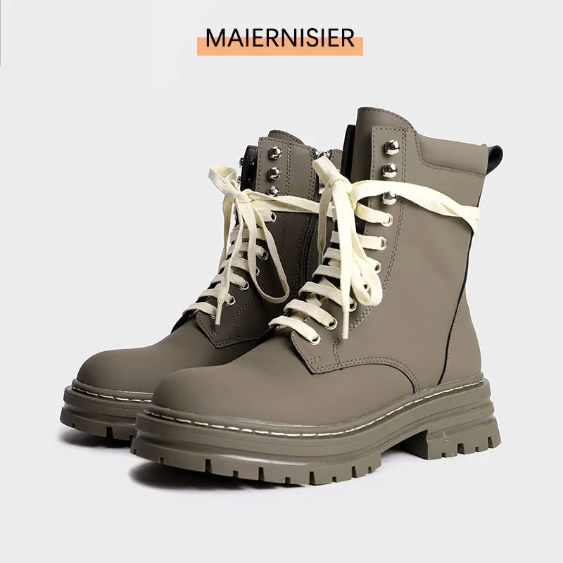 

Women'S Round Toe Platform Boots Grey Lace-Up Knight Boots Women Mid-Tube Short Boots British Style Women'S Shoes