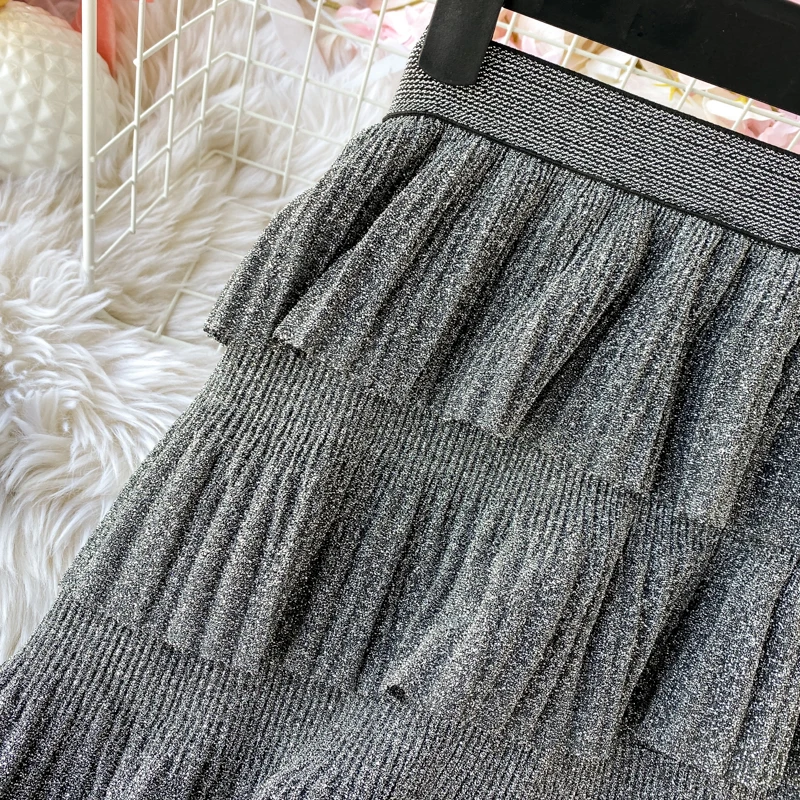 Летняя шикарная Ретро короткая юбка металлик Cakee многослойная плиссированная