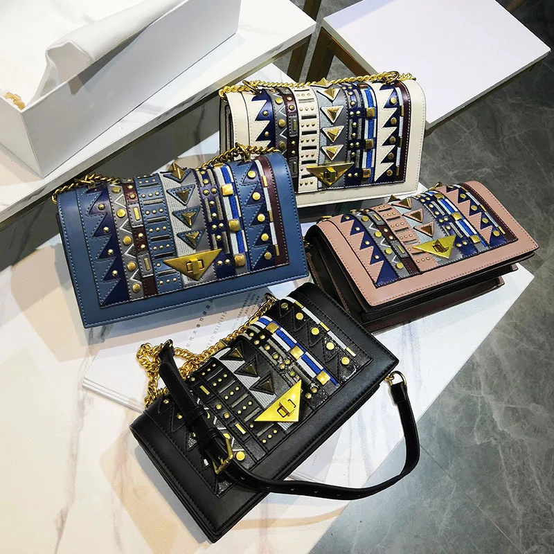 

Insfamous Handbags 2021 New Punk Rivet Shoulder Messenger Bag Chain Small Square Bag Purses and Handbags Luxury Designer Bags