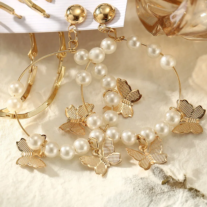 

Bohemian Gold Heart Butterfly Stud Earrings Set For Women Pearl Acrylic Dangle Earrings 2021 Trend Set of Earrings Jewelry Gifts
