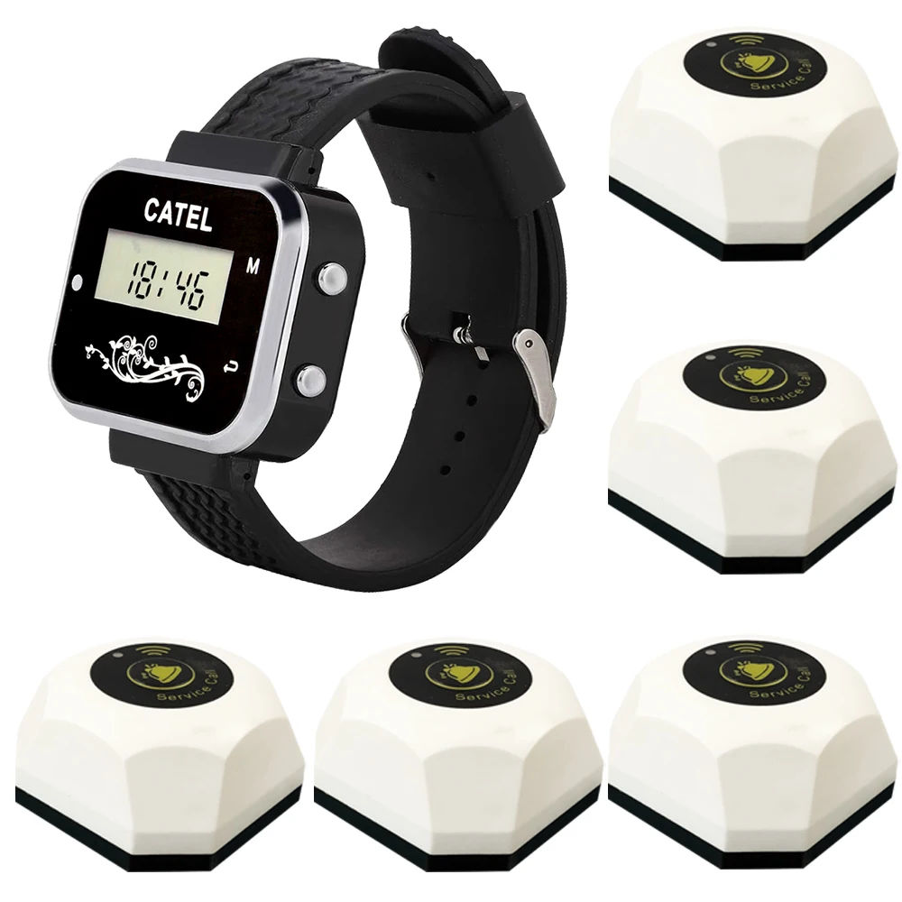 CATEL 1 Watch 5 Call Button Strong Signal Wireless Calling System Call Transmitter Pager for Restaurant Hotel, Cafe Bell Buzzer
