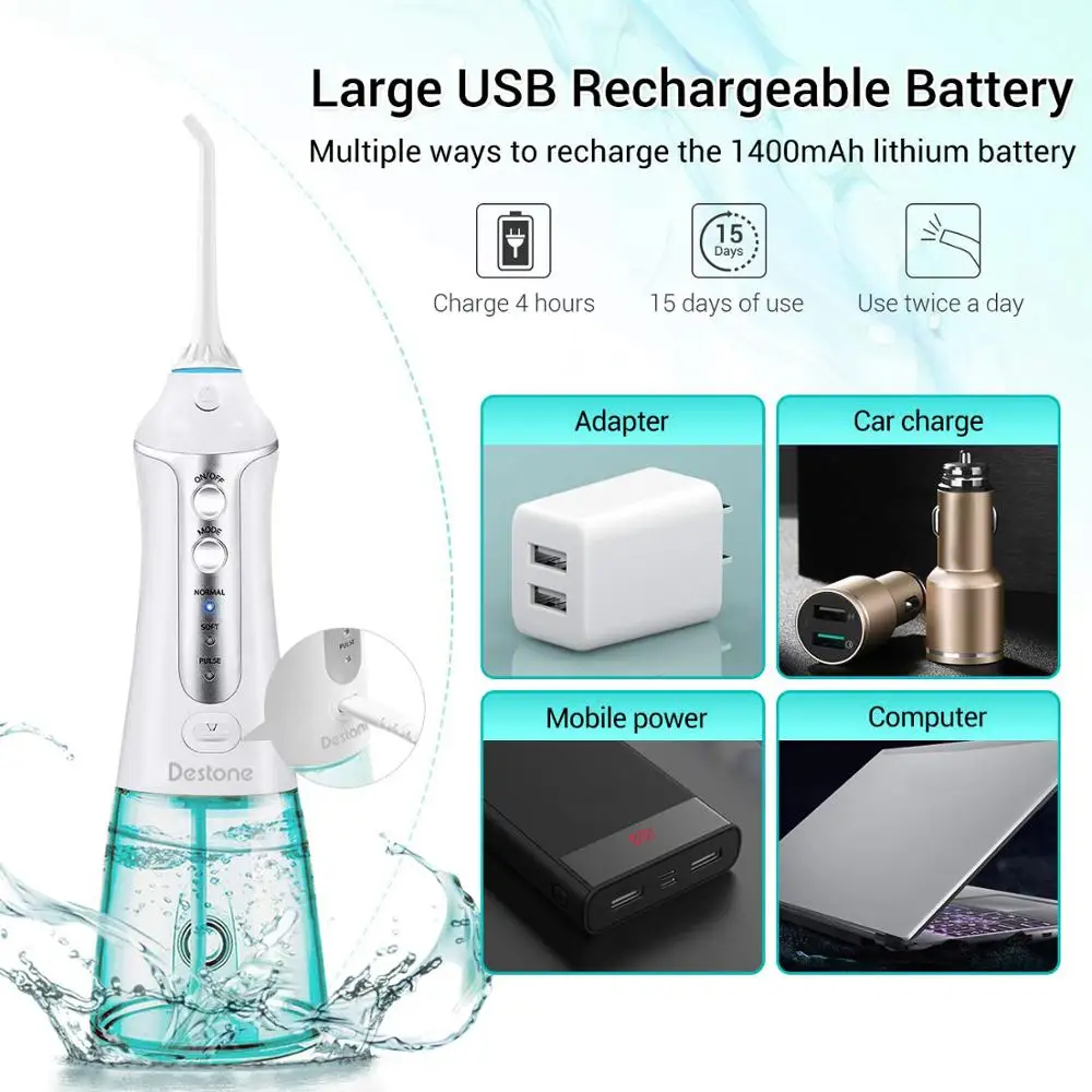 Destone Ирригатор для полости рта Беспроводная Стоматологическая Вода Флоссер 300 мл