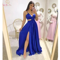 2022 v neck prom dress long formal gown for women evening royal blue cut out waist sexy satin party gowns front split