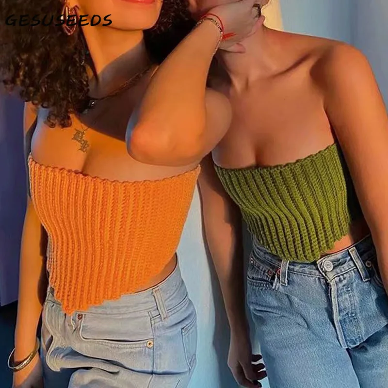 

Summer crop top women strapless tops sexy sleeveless top knit solid cropped top black criss cross tops clubwear tube tops 2021