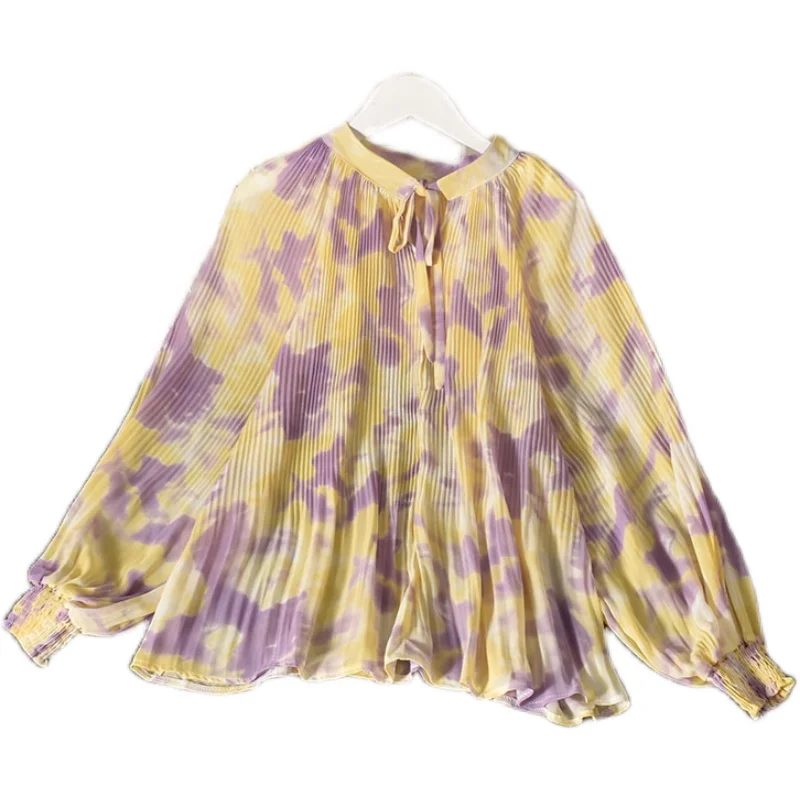 

Fall 2021 New Floral Shirt Female Bow Tie Tie Waist Long Sleeve Stand Collar French Retro Lantern Sleeve Chiffon Shirt HK135