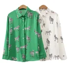 Блузка Женская Офисная с длинным рукавом, модная рубашка с отложным воротником и принтом зебры, элегантная повседневная свободная уличная одежда, белый зеленый топ, весна-осень