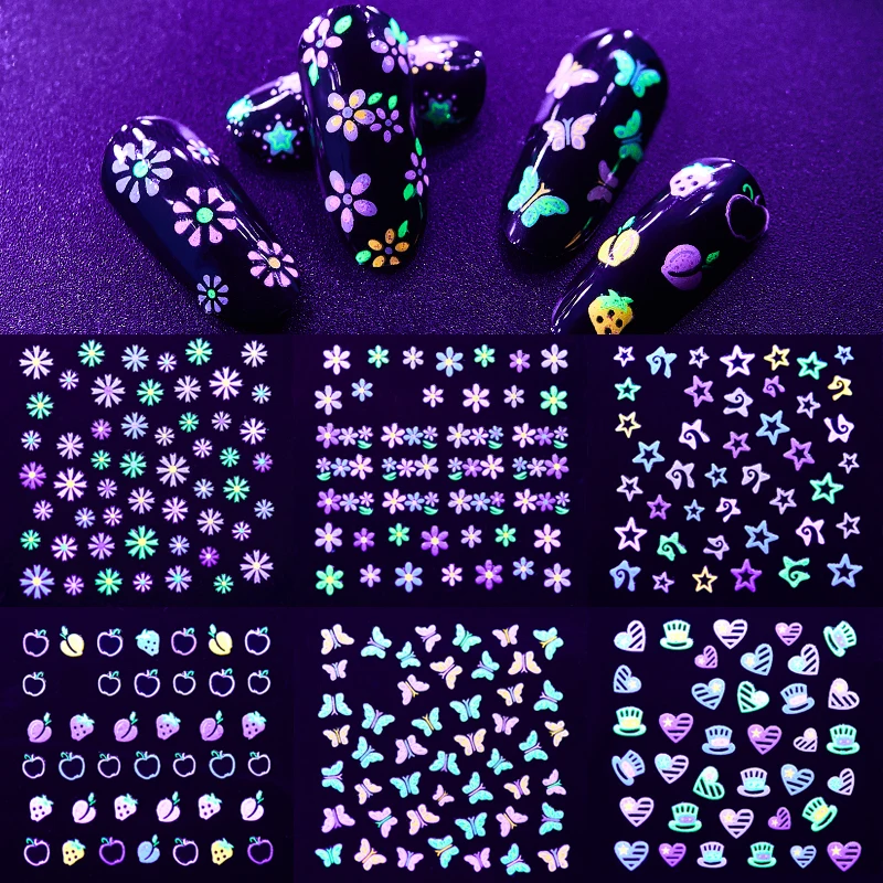 Фото Флуоресцентные цветные наклейки для ногтей бабочки цветы звезды Мультяшные(China)