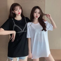 casual women tshirts 2021 new summer round collar hot diamond loose t shirt short sleeved mid length top temale loose sexy 2203i