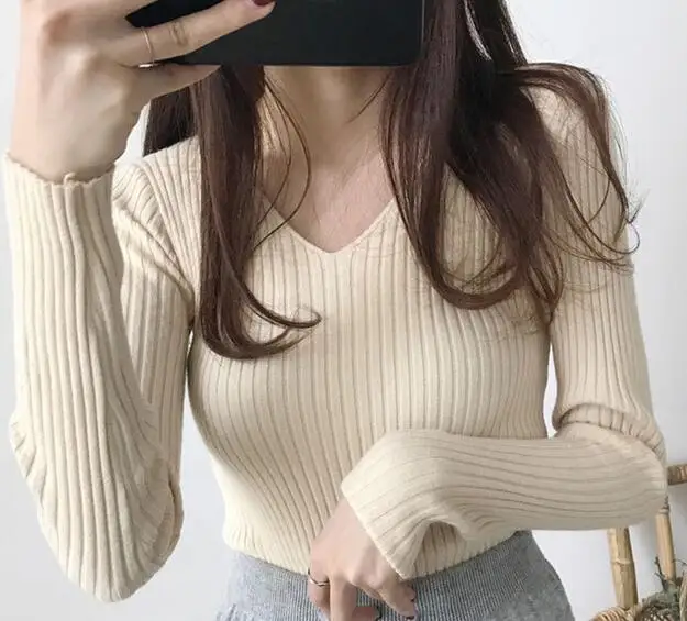 

New women's V neck long-sleeved bottoming knitted slim sweater top