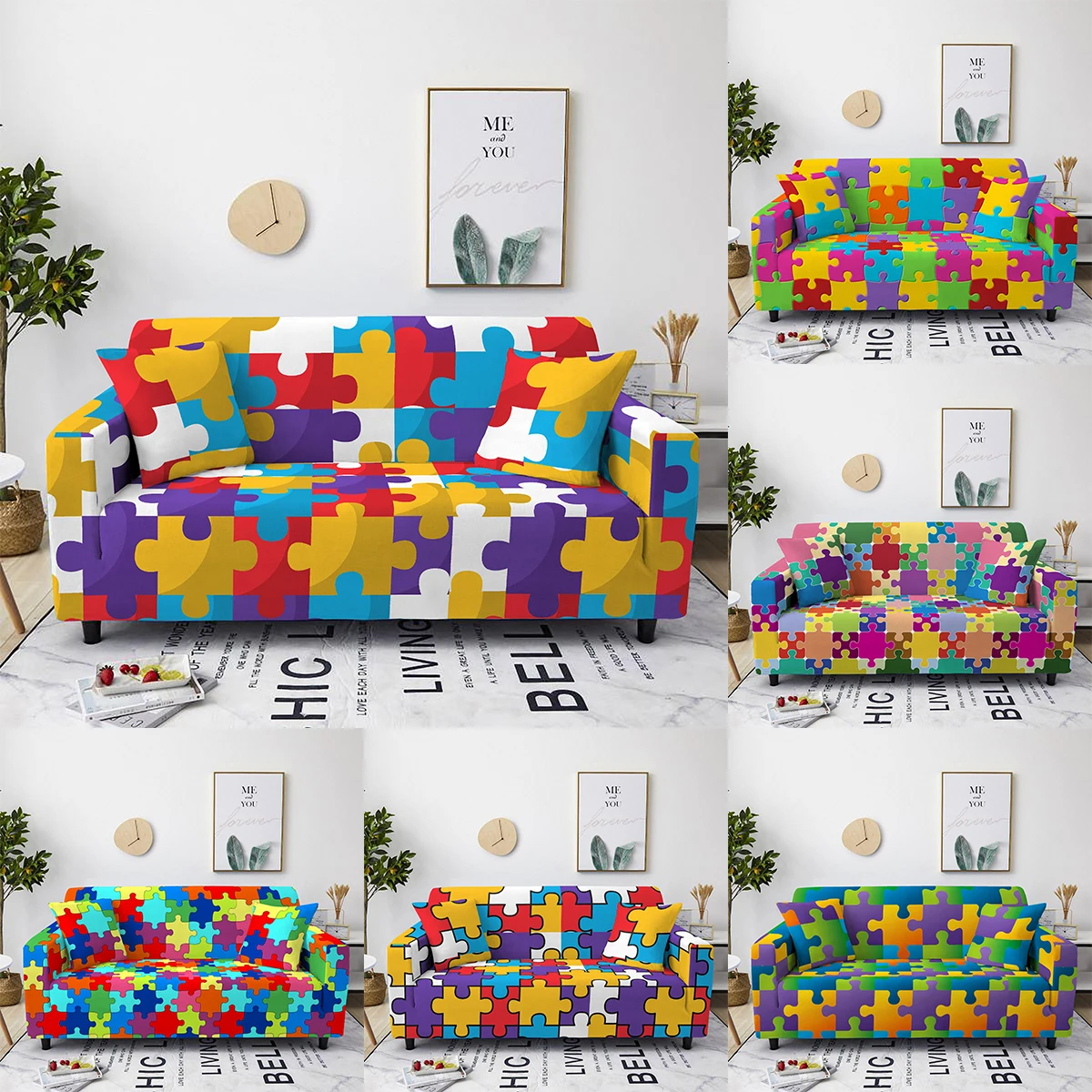 

Colorful Block Elastic Slipcovers Universal Toy Splicing Sofa Cover Stretch Sectional Couch Covers For Living Room 1/2/3/4 Seats