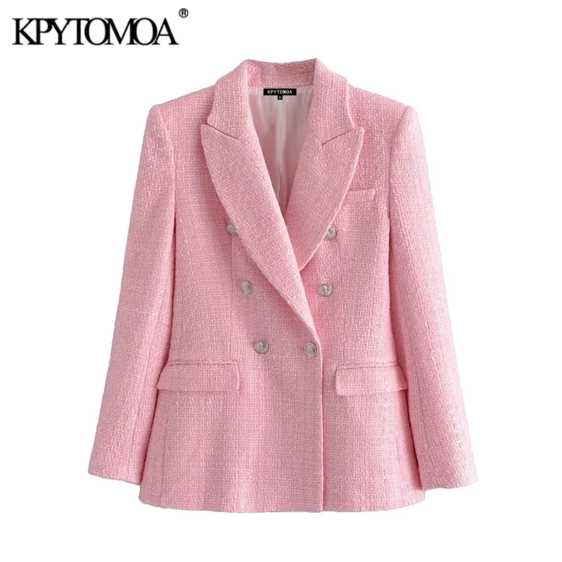 

KPYTOMOA Women 2021 Fashion Double Breasted Tweed Check Blazer Coat Vintage Long Sleeve Pockets Female Outerwear Chic Veste