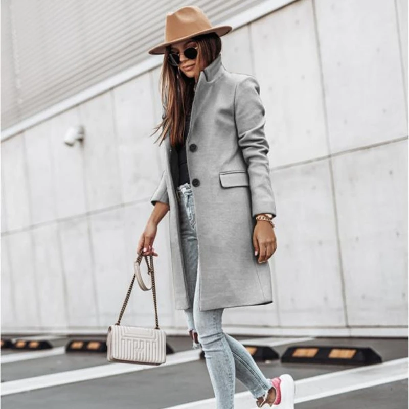 

2020 New Winter Women's Solid Color Long Sleeve Stand Collar Loose Long Coat Office Lady Wear Keep Warm Street Wear