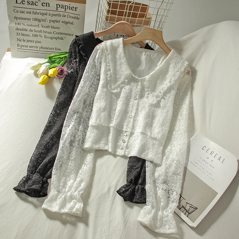 Милая темпераментная рубашка с кукольным воротником и длинными рукавами Женская