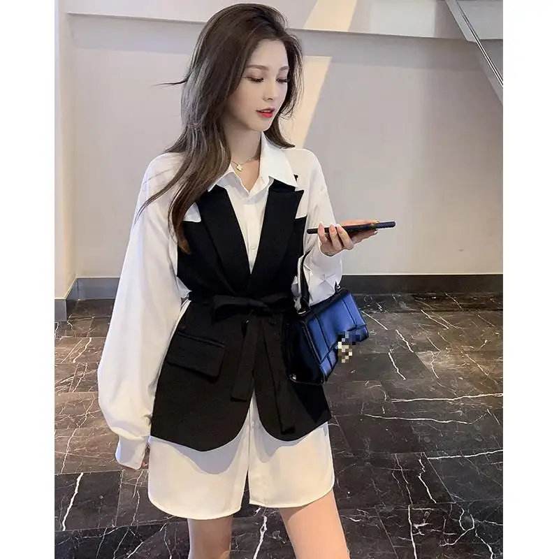 

XUXI Women Casual Large Size Shirt, Color Matching Shirt, Two Fake, Asymmetric, Retro, E840