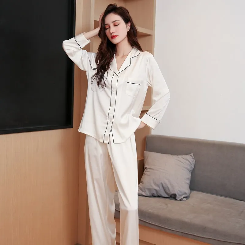 

White Couple Casual 2PCS Pajamas Suit With Pocket Nightwear Turn-down Collar Shirt&Pant Home Wear Spring Autumn Satin Sleepwear