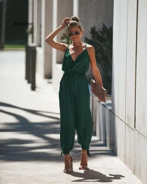 

Women's Summer New Sexy Open Back Tether Deep V-Neck Sling Cotton Long Jumpsuit