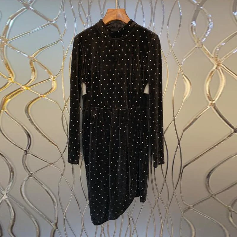 

High Quality Bodycon Dress AutumnSlender Women's Dress Standing Collar Waist on Both Sides of Hollow Wave Dot Velvet Dress