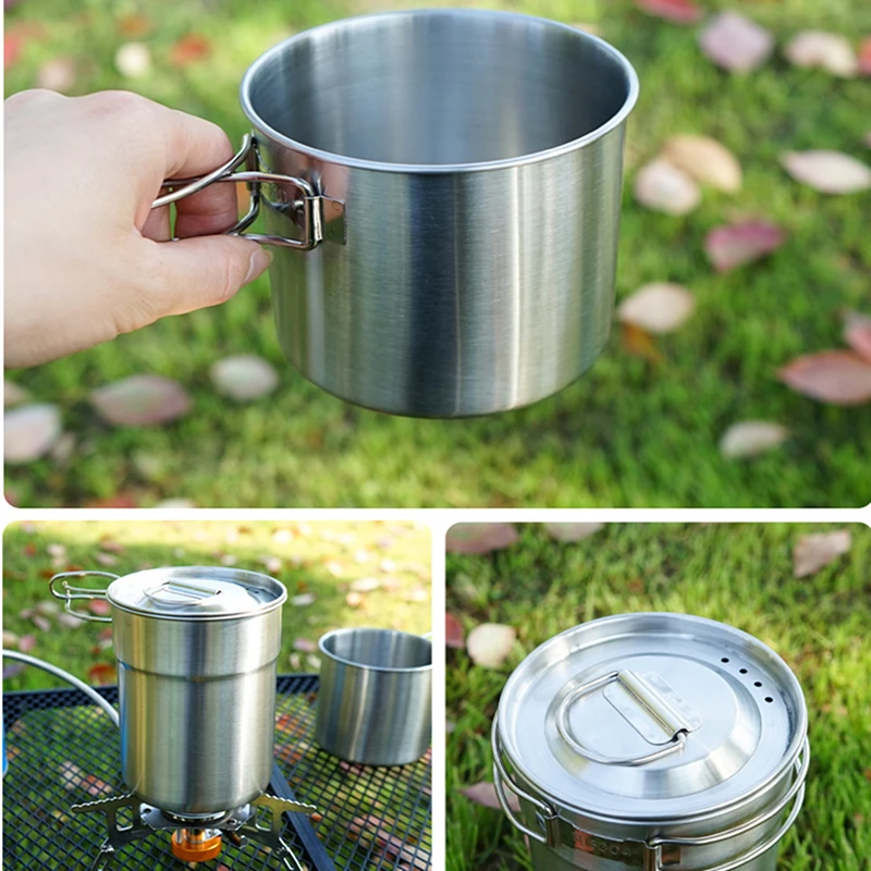 2Pcs Stainless Steel Pot Portable Camping Water Mug Cup with Folding Handle Picnic Cookware Set | Спорт и развлечения