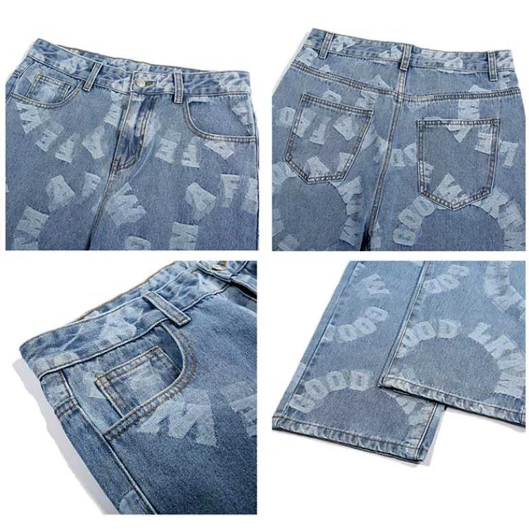 

Jean Pant Men Letter Printed Japanese Hip Hop Straight Trousers Harajuku Streetwear Loose Wide Leg Casual Denim Pants 2021