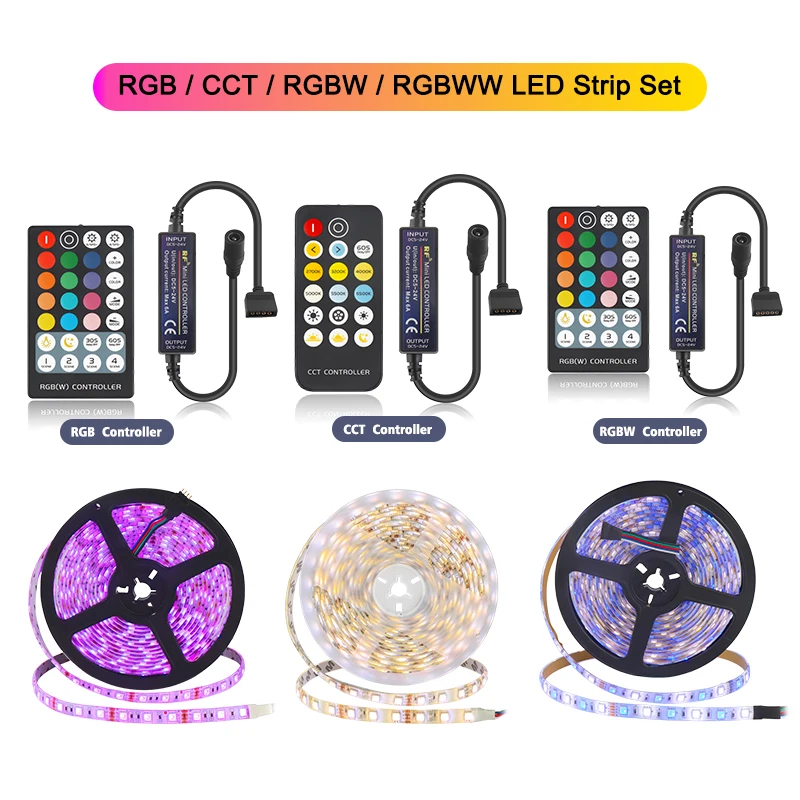 DC12V 5050 Светодиодная лента RGB RGBW RGBWW CCT 60 Светодиодный s/m 5 м с мини РЧ светодиодный контроллер и блок питания набор светодиодных лент