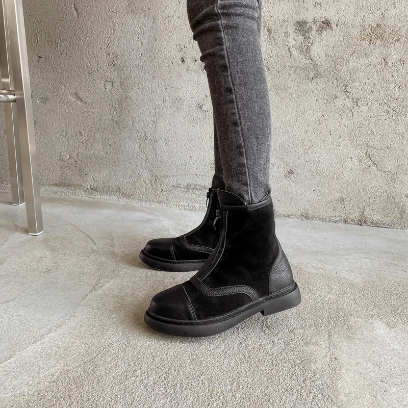 

2020 Autumn Round Toe Women Ankle Boots Square Heel Platform Ladies Short Boots Casual Flock PU Female Flat Shoes Winter YMB316