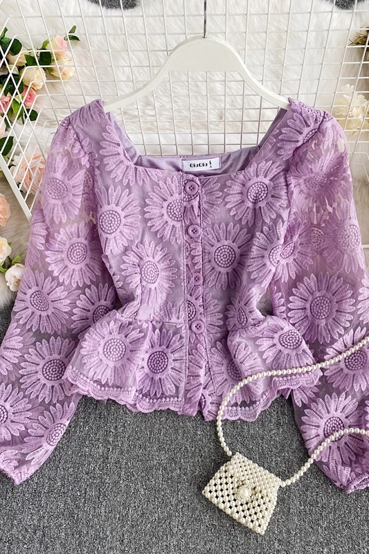 

French Crochet Flower Embroidery Shirts Square Neck Long Sleeve Lace Floral Blouse High Waist Slim Casual Streetwear Short Tops