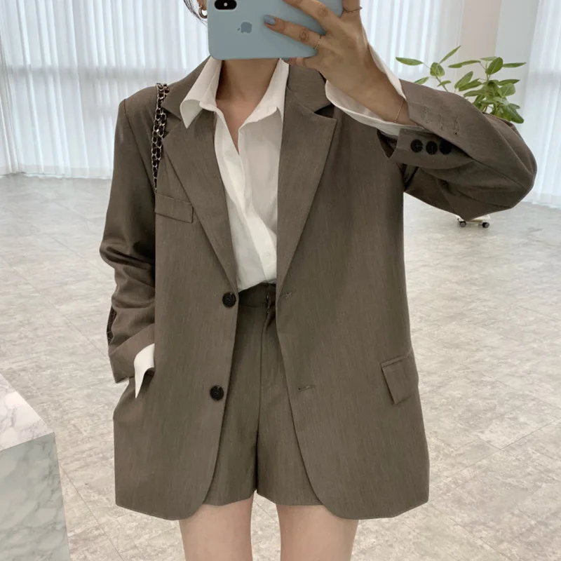 

2021 New Lapel Two Button Loose Suit Jacket + High Waist Wide Leg Trousers Shorts Women