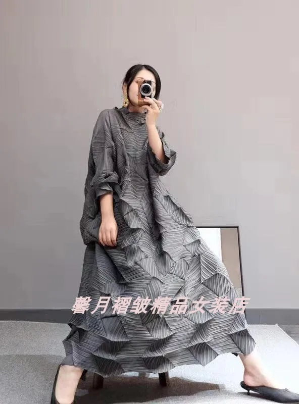 Горячая Miyake модное платье со складками со стразами, однотонное Свободное длинное платье со стоячим воротником