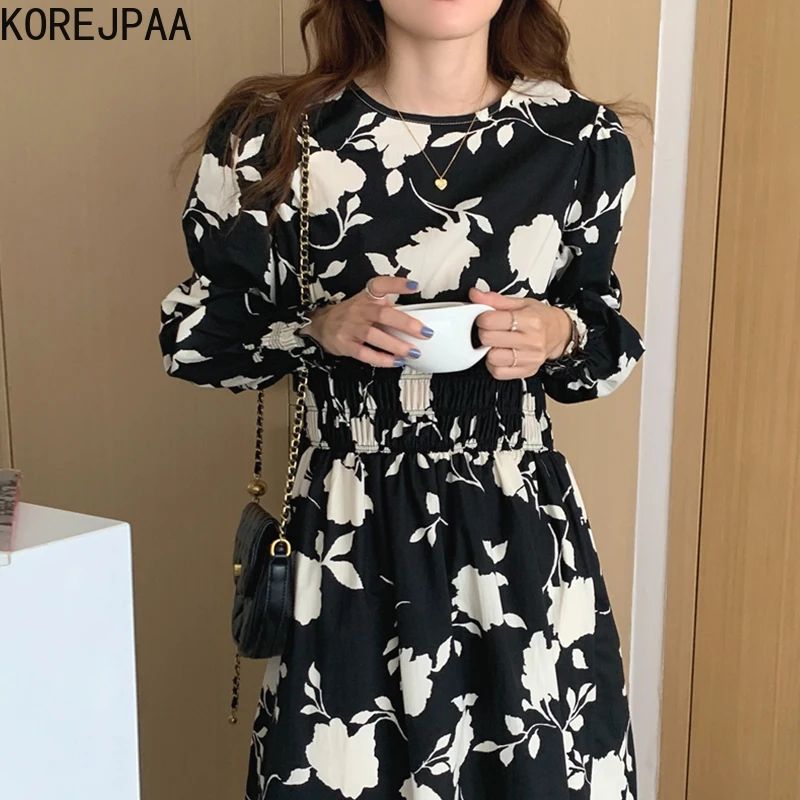 

Korejpaa Women Dress 2021 Autumn Korea Sweet Temperament Ladies Round Neck Waist Bubble Sleeves Hit Color Flower Long Vestidos