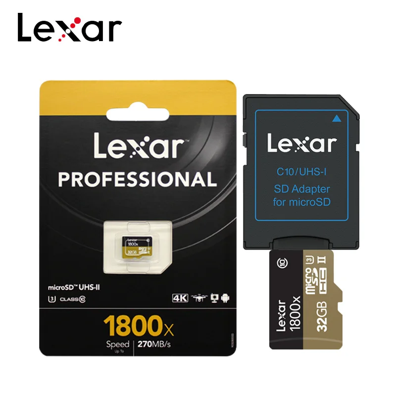 Lexar Профессиональный 1800x microSDXC UHS-II Micro sd-карты объемом 64 Гб оперативной памяти, 32 Гб встроенной памяти до 270 МБ/с. V90 U3 карту памяти SD класса 10 Флэш-Памяти TF карты