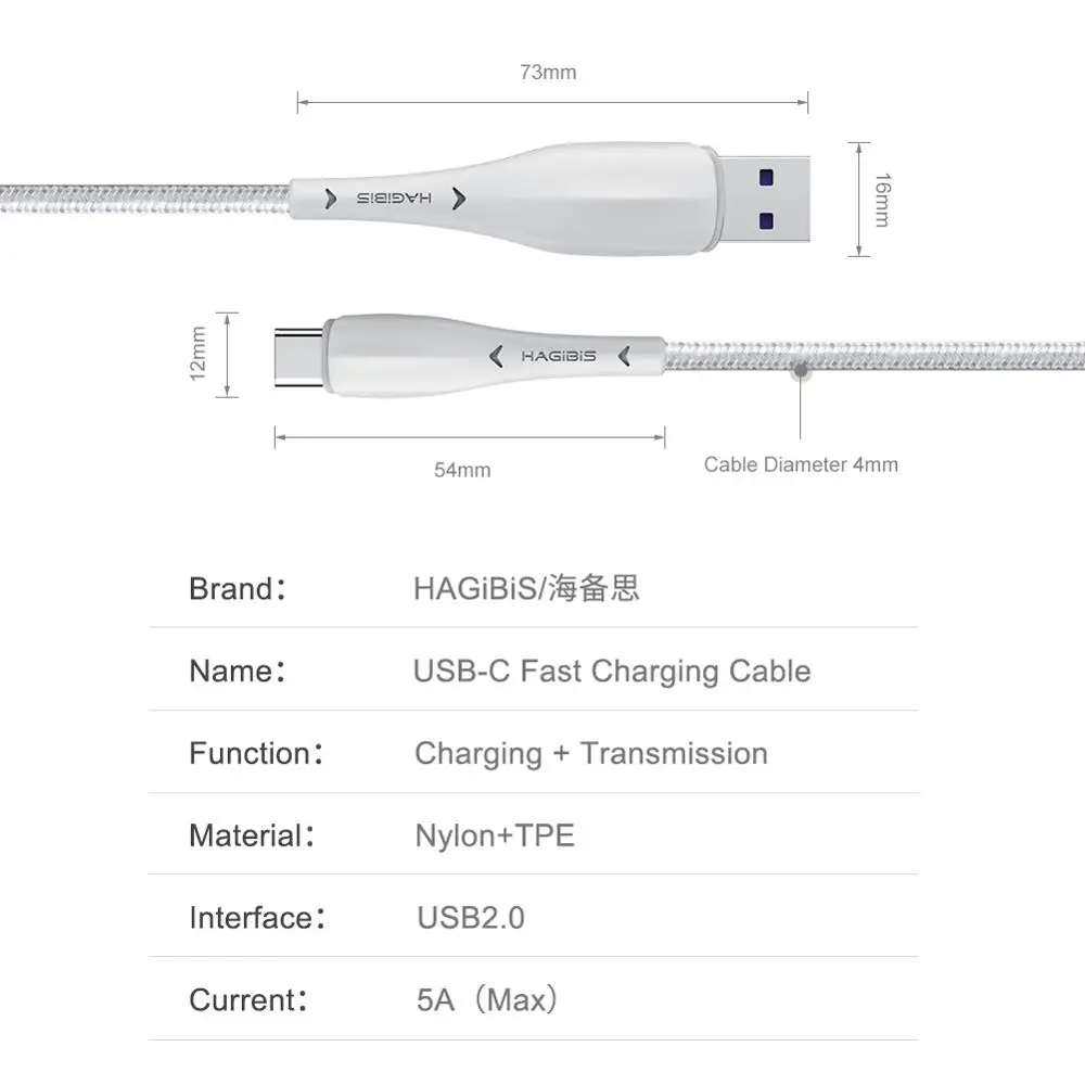 Hagibis USB Type C Cable for Samsung S10 S9 5A 40W Fast Charge USB-C Charging Wire USB C Cable for Xiaomi mi9 Redmi note7 Huawei