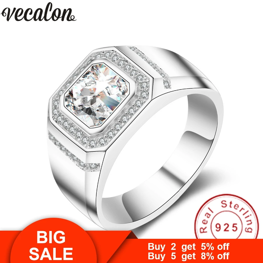 Vecalon модное ювелирное изделие обручальное кольцо для мужчин 2ct 5A циркон cz серебро