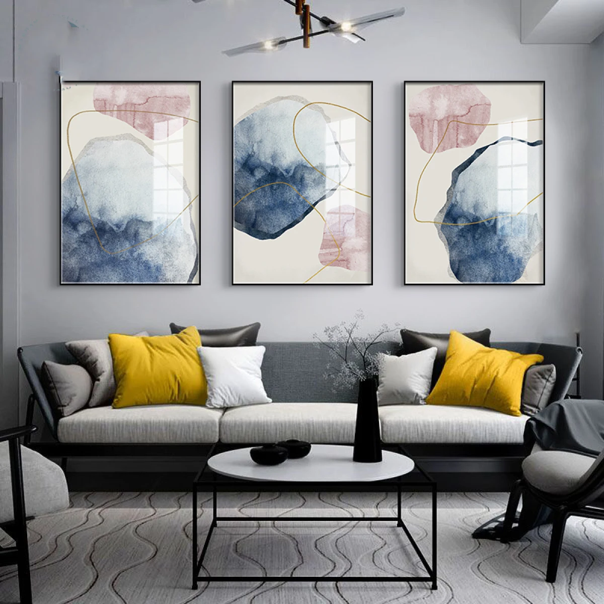 

Abstract Blue watercolor Canvas Print Paintings Golden lines Poster Nordic Wall Art Pictures on Canvas Living Room Home Decor