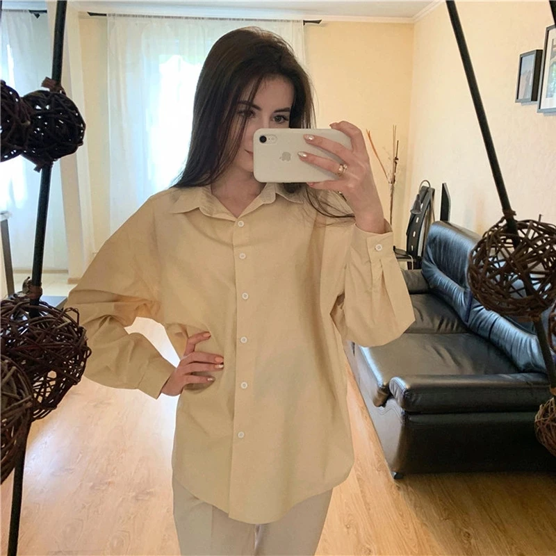 

QWEEK Solid Women Blouses Loose Long Sleeve Shirt Office Lady Korean Women Tops All Match Shirts Elegant Minimalist Solid Blouse