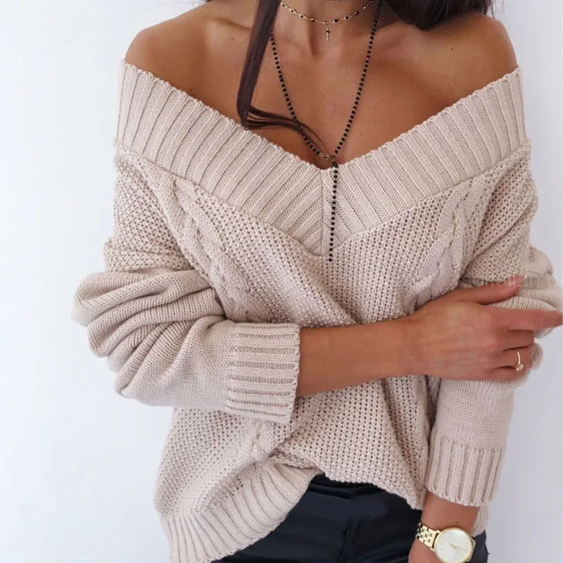 Женский вязаный свитер с открытыми плечами и v-образным вырезом Осенний пуловер