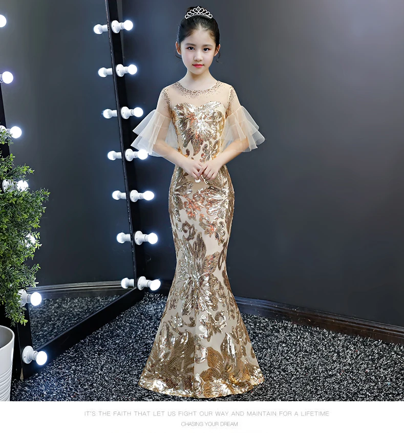Детское вечернее платье с блестками облегающее золотистое Русалка для девочек