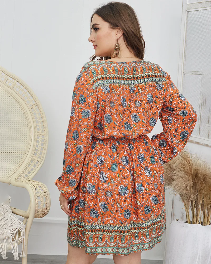 

Bohemian Style Women V-neck Mini Dresses 2021 Spring Plus Size Lady Lantern Sleeve Drawstring Lace-up Floral Printing Dress