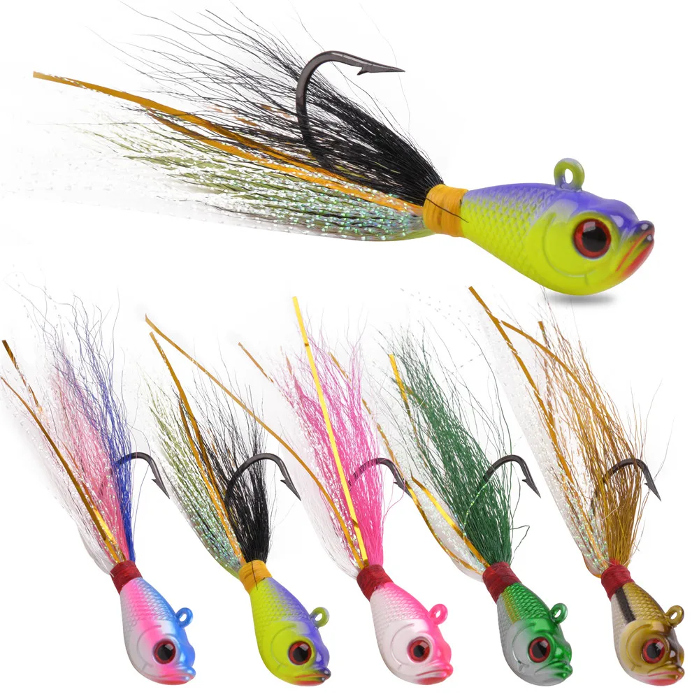 

6Pcs 7g-56g Bucktail Fishing Lures jig head 3D eyes Saltwater Artificial lead head bait striped Bass Bluefish Surf Fishing