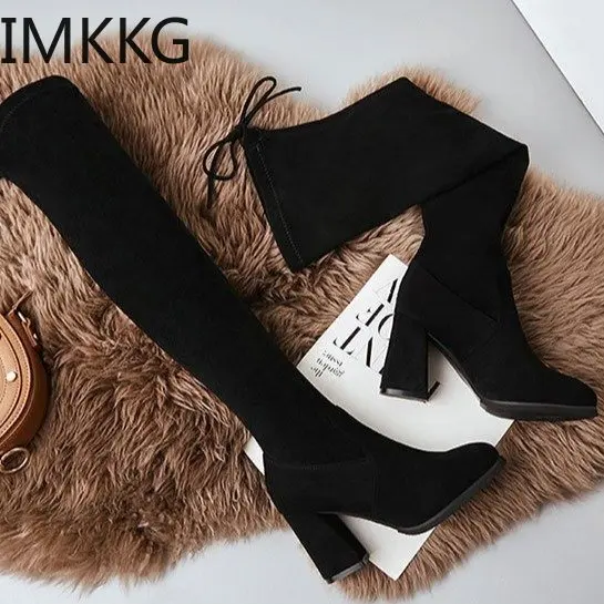 Черные Сапоги выше колена женские сапоги на высоком квадратном каблуке модные