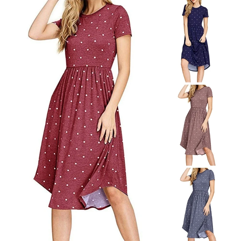 

Womens Short Sleeve Midi Dress Polka Dot Print Pleated Swing Casual With Pockets BX0A