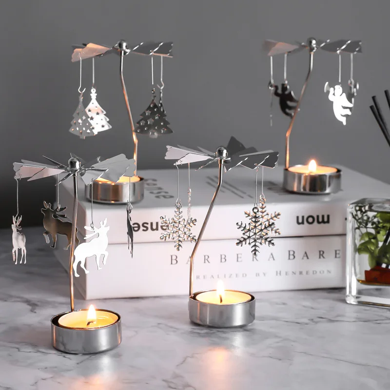 

Silver Candlestick Rotating Romantic Merry-go-round Tea Light Candlestick Dinner Wedding Banquet Bar Party Christmas Decorations