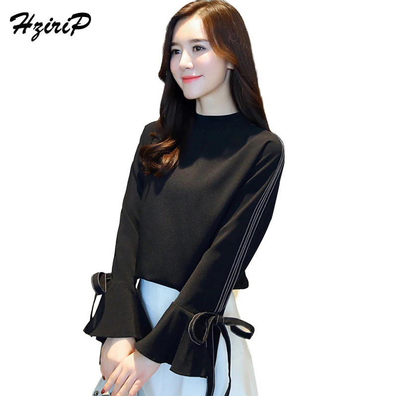 Женская офисная блузка HziriP модная черная с расширяющимся книзу рукавом и бантом